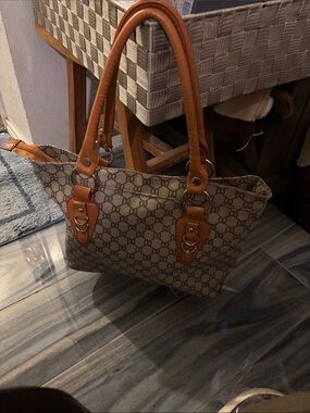 Elegant Patterned Tote with Brown Accents